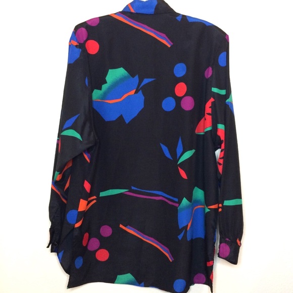 Bright oversized button down shirt vintage silky blouse abstract print dress top - Picture 3 of 8
